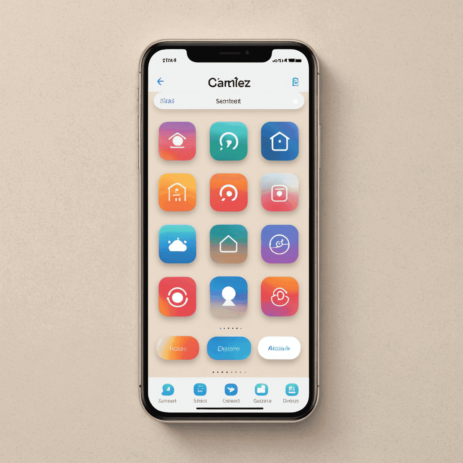 واجهة iOS مع تصميم أنيق وبسيط، يعرض شاشة رئيسية مع أيقونات مرتبة بشكل منظم