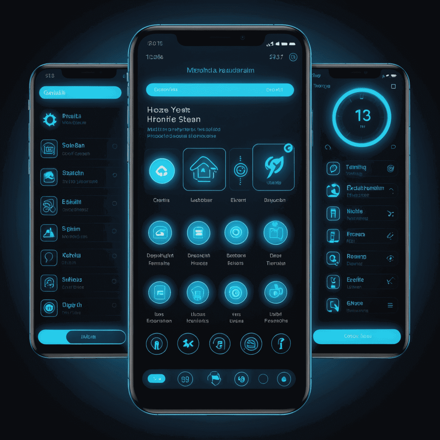 صورة لواجهة مستخدم هاتف محمول مخصصة بتصميم نيون أزرق، تعرض شاشة رئيسية مبتكرة مع أيقونات وعناصر متوهجة