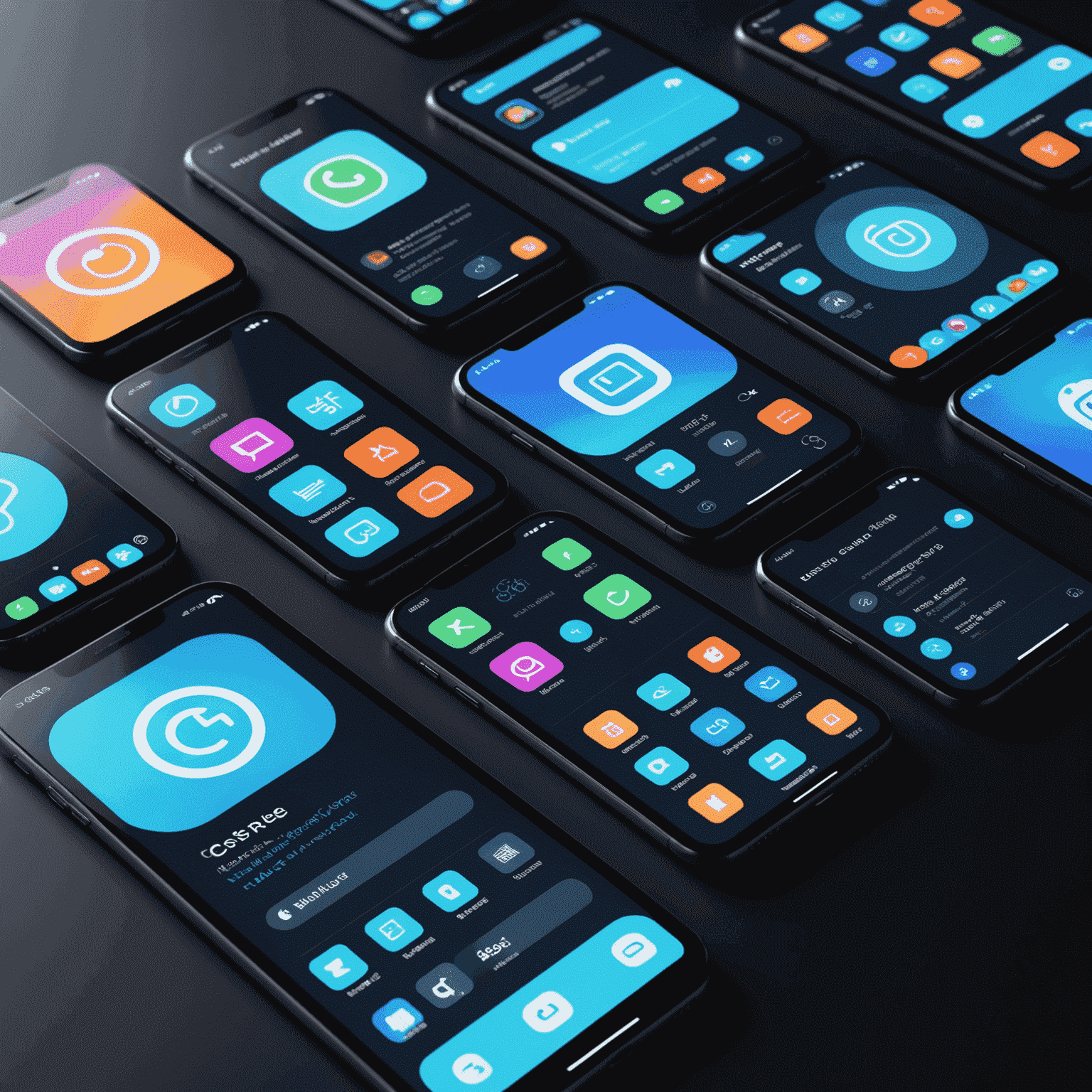 صورة توضيحية لتطوير تطبيقات الجوال تظهر شاشات متعددة لأجهزة iOS و Android مع واجهات مستخدم نيون زرقاء. تظهر الصورة أيضًا رموز البرمجة والتصميم المتوهجة بألوان نيون.