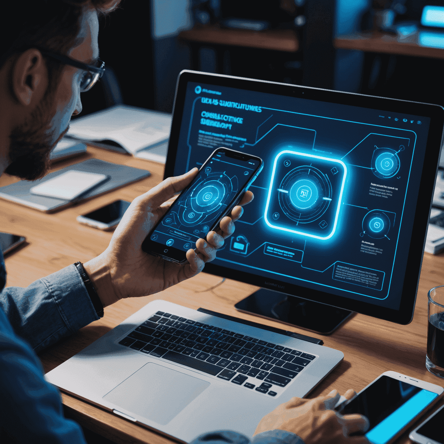 صورة توضيحية لاستشارات واجهة المستخدم وتجربة المستخدم، تظهر شخصًا يعمل على تصميم واجهة هاتف ذكي مع رسومات نيون زرقاء