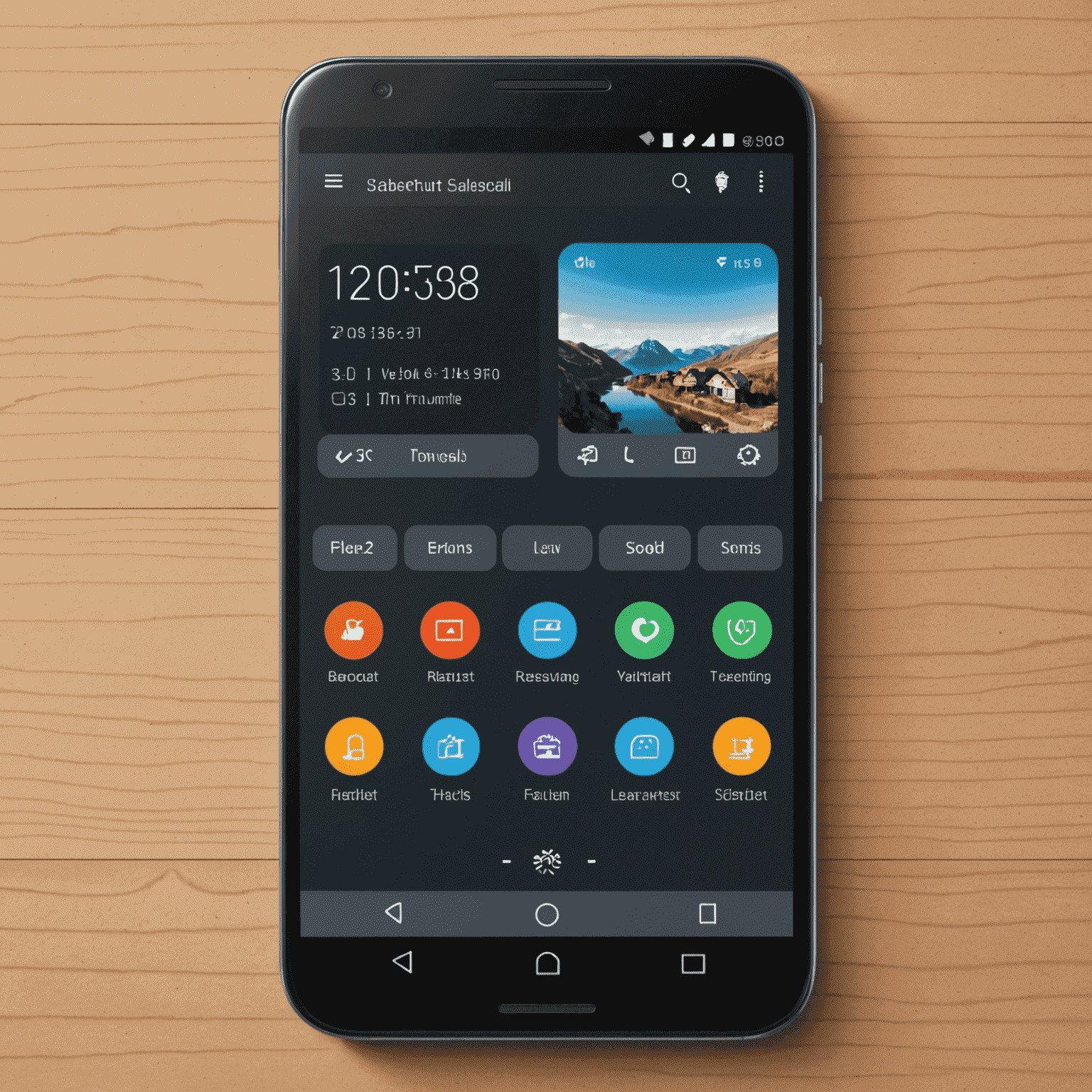 واجهة Android مع تصميم قابل للتخصيص، يعرض شاشة رئيسية مع ودجات وأيقونات مختلفة