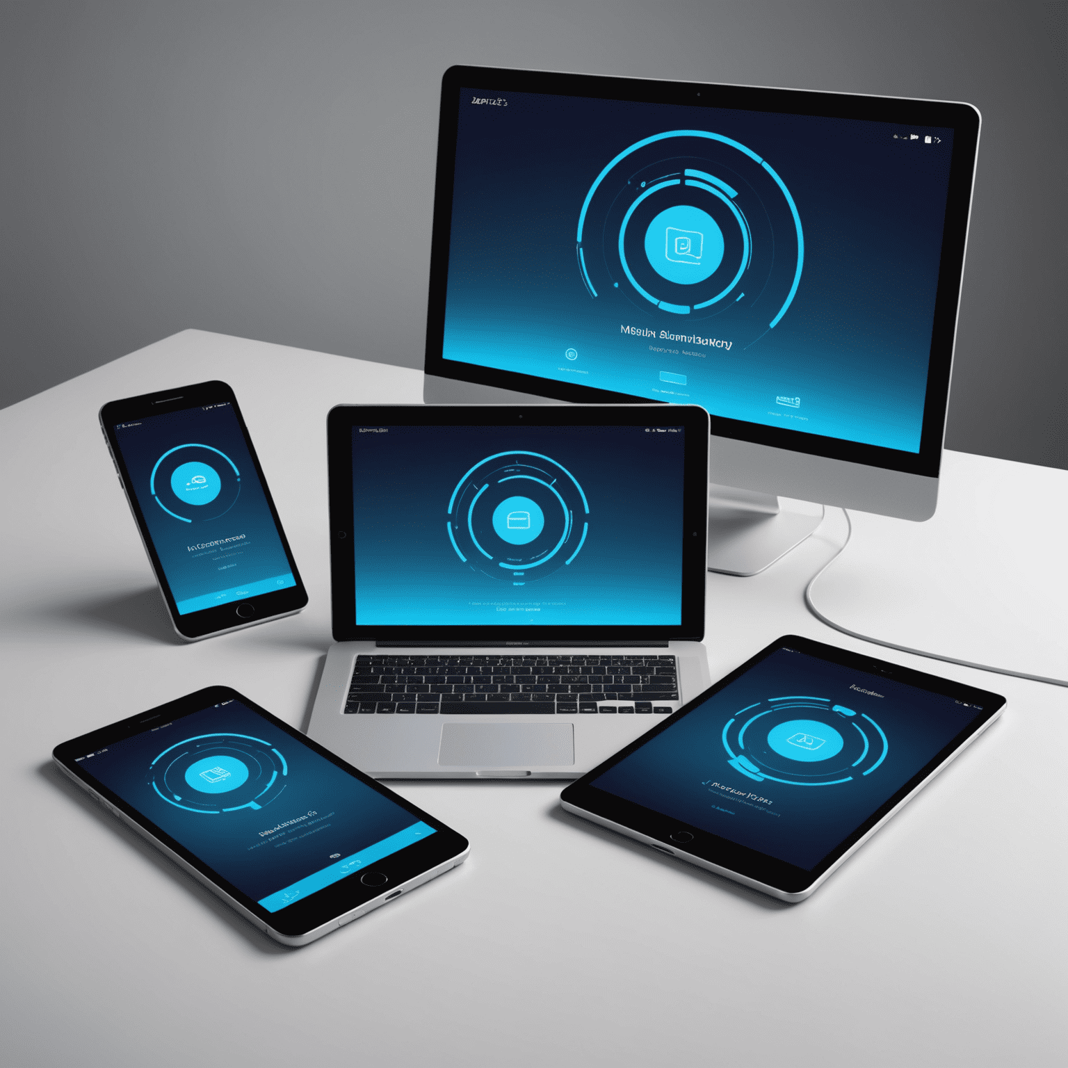 صورة توضيحية لتصميم واجهة مستخدم متجاوبة على أجهزة مختلفة (هاتف ذكي، جهاز لوحي، حاسوب محمول) بألوان نيون زرقاء