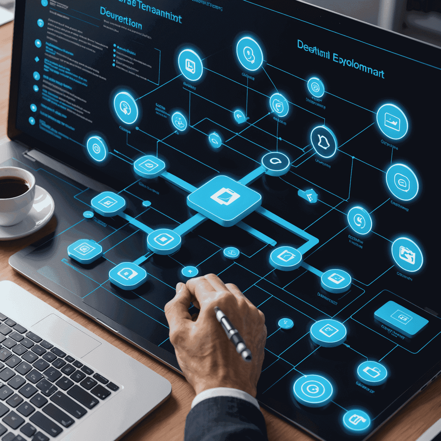 صورة توضيحية لعملية تطوير تطبيقات متعددة المنصات، تظهر مخططات ورموز مختلفة لأنظمة التشغيل مع تأثيرات نيون زرقاء