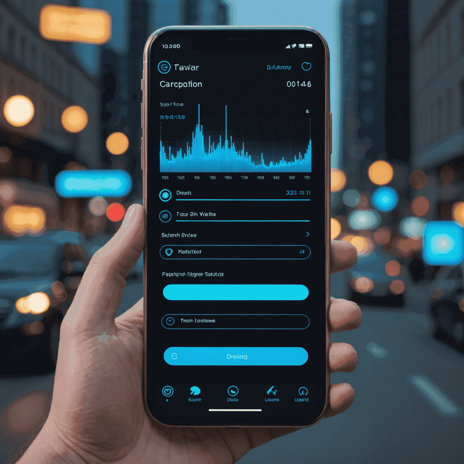 صورة لشاشة هاتف ذكي تعرض واجهة مستخدم متكيفة مع عناصر تحكم ذكية وألوان نيون زرقاء متغيرة حسب وقت اليوم