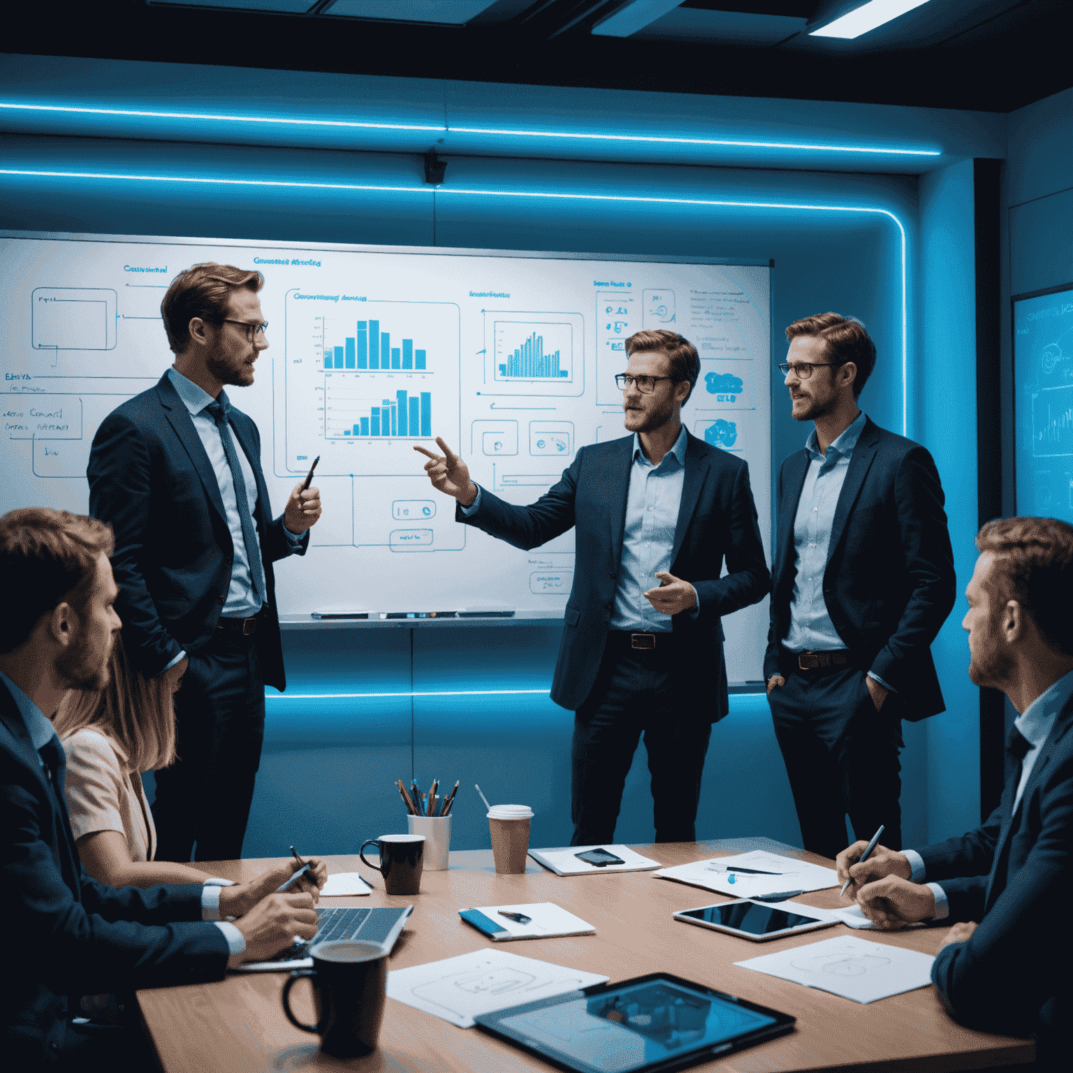 صورة لاجتماع استشاري، مع لوحة بيضاء تعرض مخططات لواجهة مستخدم ومجموعة من الأشخاص يناقشون بحماس، مع إضاءة نيون زرقاء في الخلفية